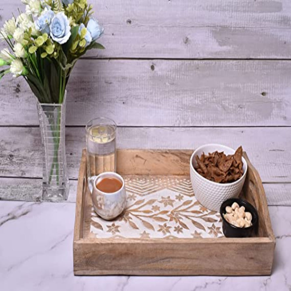 Hand-Carved Wooden Breakfast Serving Tray with Handle- Kitchen Dining Accessories- 15x10