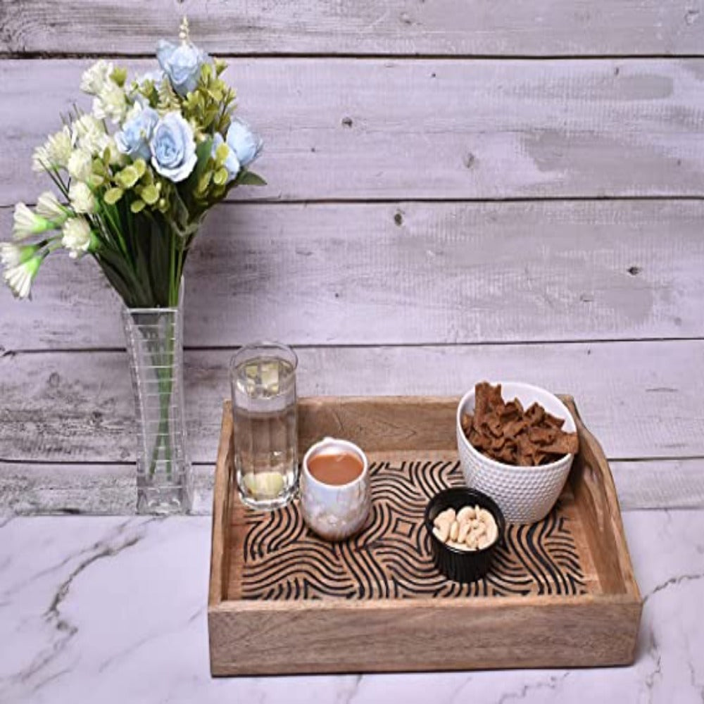 Hand-Carved Wooden Breakfast Serving Tray with Handle-Dining Serve-Ware Accessories  - 15 x 10 Inches