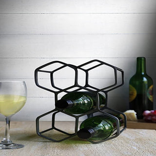 Wrought Iron Bottle Holder Stand - Carbon Black Iron Wine Rack, Holds Up to Five Bottles with Natural Powder Coated Finish