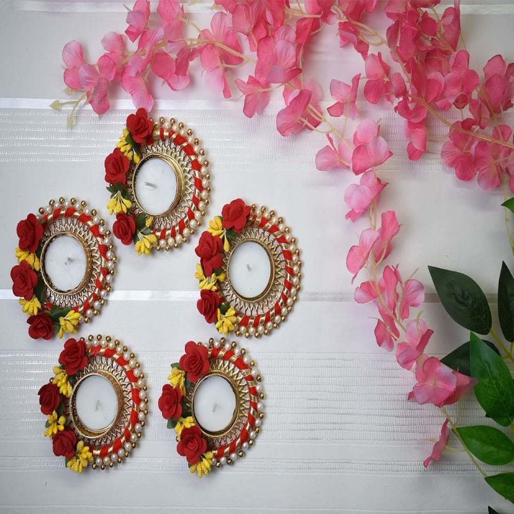 Set of 5 Fancy Rose Decorated Pooja Diyas with Tealight Holder for Home Decorations and Gifts