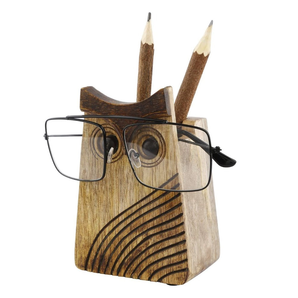 Handmade Owl Spectacle Holder - Wooden Eyeglass Stand and Pen/Pencil Display for Optical Glasses Accessories