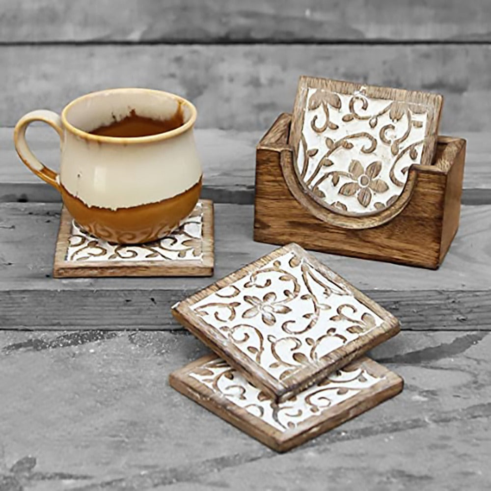Set of 6 Handmade White Distressed Wooden Coasters with Holder Stand for Tea Coffee Table Home Décor