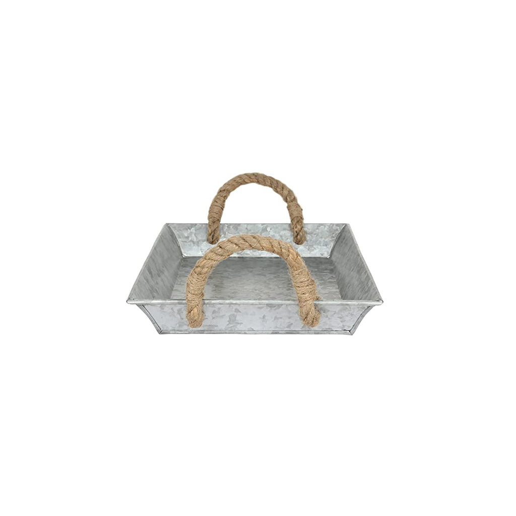 Set of 2 Galvanized Metal Trays-Rustic Decorative Serving Trays with Rope Handles