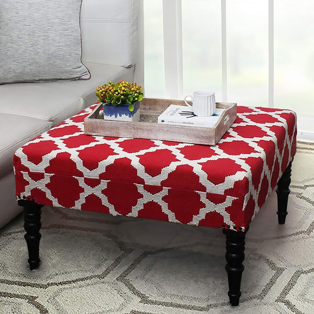 Red and White Upholstered Ottoman Square Coffee Table with Removable Legs