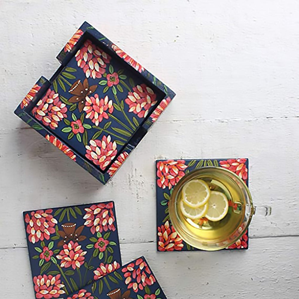 Hand painted Wooden Coasters 6-Pack Set (Floral Square)