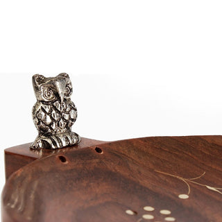 Hand Carved Wooden Incense Holder Stand with Owl Miniature