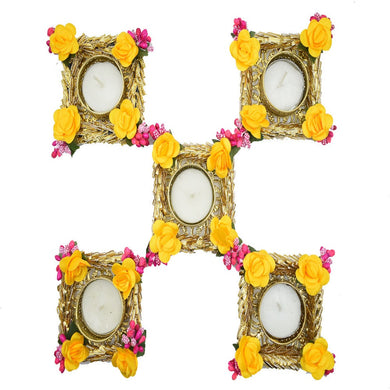 Fancy Diwali Diyas Square with tealight Holder Decorated with Yellow Roses Pink and Greeting Card Set of 5
