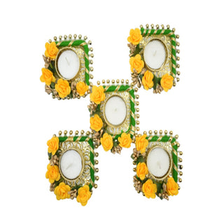 Fancy Diwali Diyas Square with tealight Holder Decorated with Yellow Roses Green and Greeting Card Set of 5