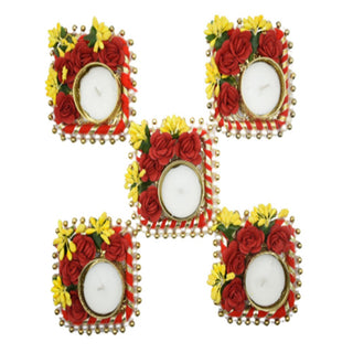 Fancy Diwali Diyas Square with tealight Holder Decorated with Red Roses Yellow and Greeting Card