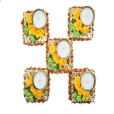 Fancy Diwali Diyas Round Shape with tealight Holder Decorated with Yellow Roses and Greeting Card