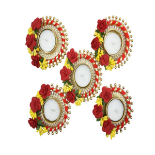 Fancy Diwali Diyas Round with tealight Holder Decorated with Red RosesYellow and Greeting Card