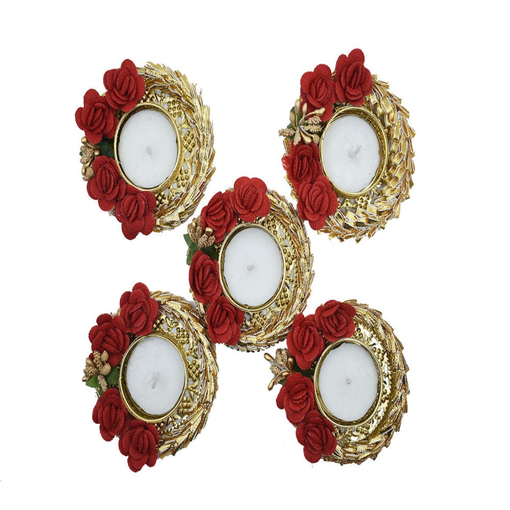 Fancy Diwali Diyas with tealight holder decorated with Red Roses and Greeting Card Set of 5