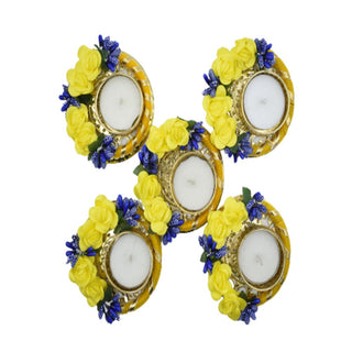 Fancy Diwali Diyas Round with tealight Holder Decorated with Yellow Blue Roses and Greeting Card Set of 5