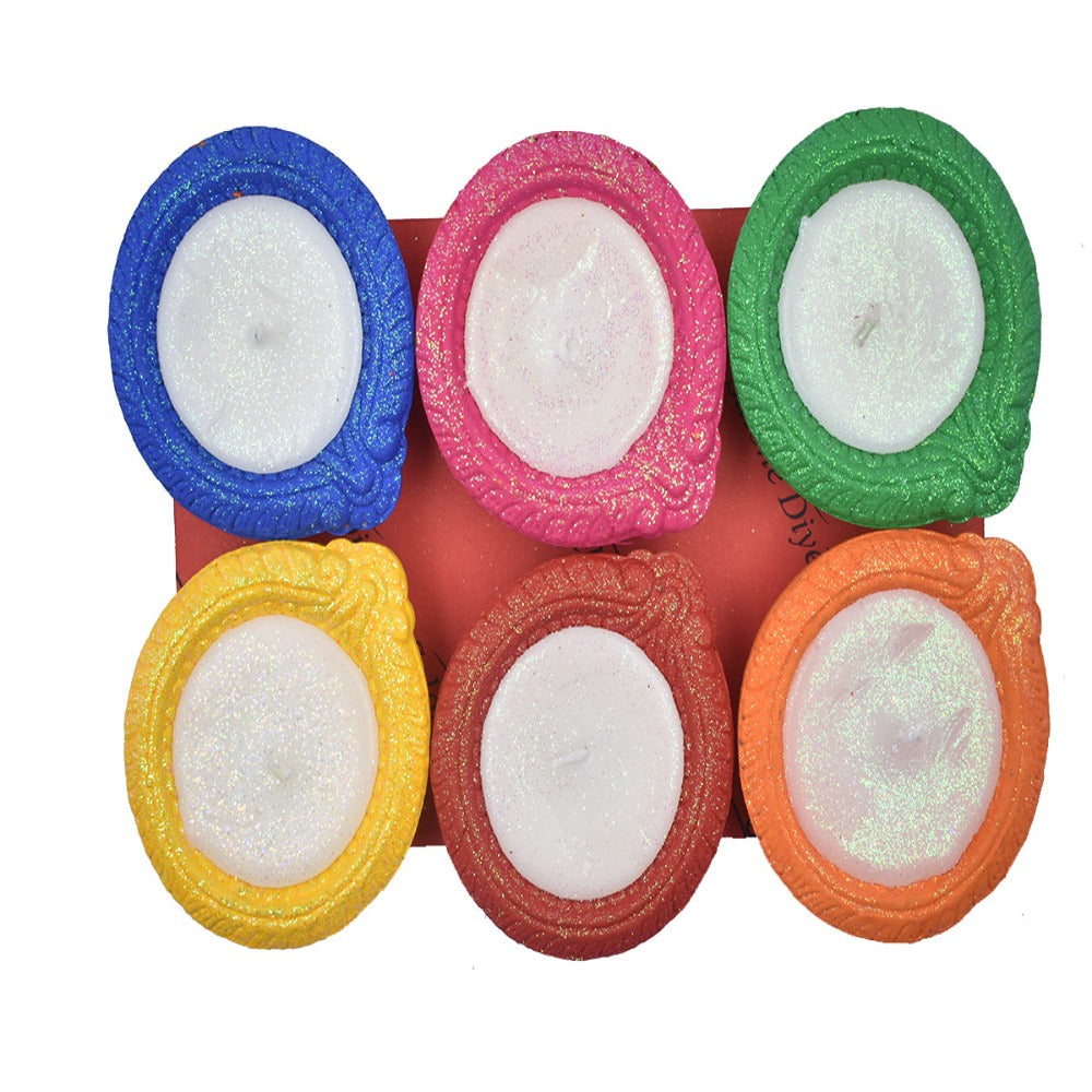 Multicolored Circle Clay Tealight Diyas with Greeting Card  Set of 6