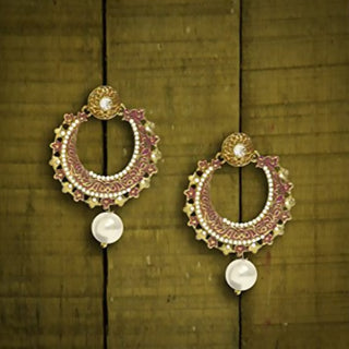 Maroon-Gold Ethnic Pearl Drop Dangle Earrings for Women