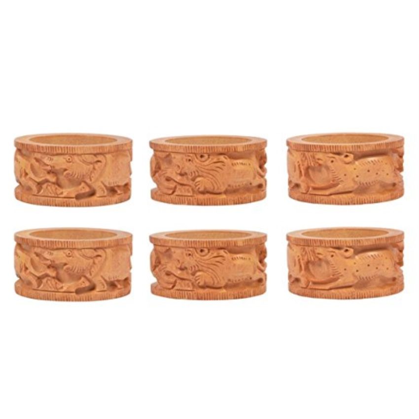 Set of 6 Wooden Napkin Rings With Tribal Animal Designs For Dinner Parties Everyday Use